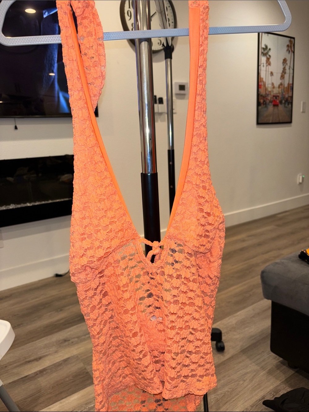 See You Monday Neon Orange Lace Bodysuit Top